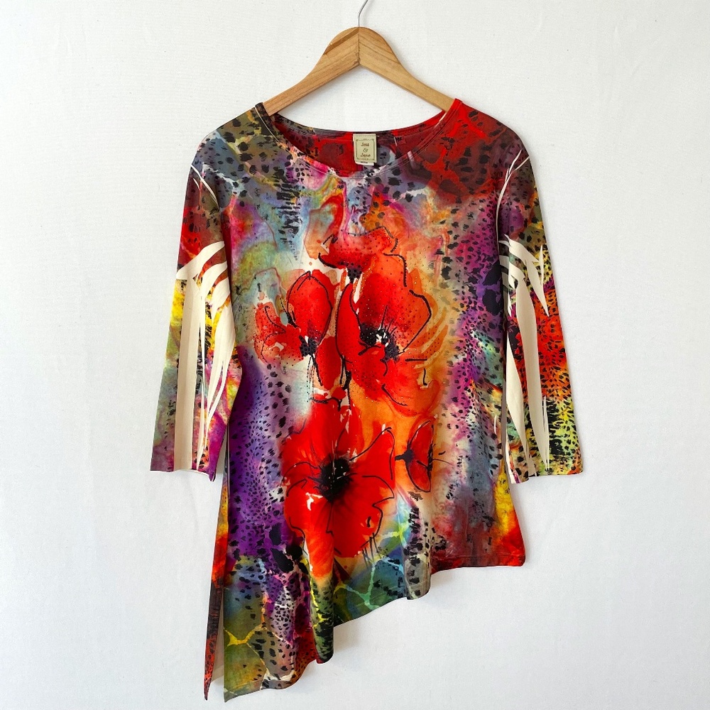 JESS & JANE Women's Medium Red Poppies Asymmetrical Hem Art To Wear Tunic Top